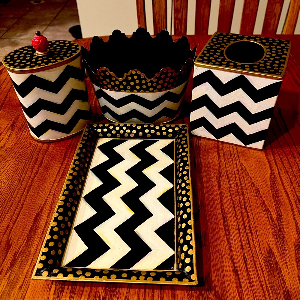 Mackenzie Childs Black and White Chevron Decor Set with Gold Accents